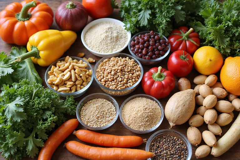 Mesa llena de diversos alimentos orgánicos, simbolizando una dieta equilibrada.