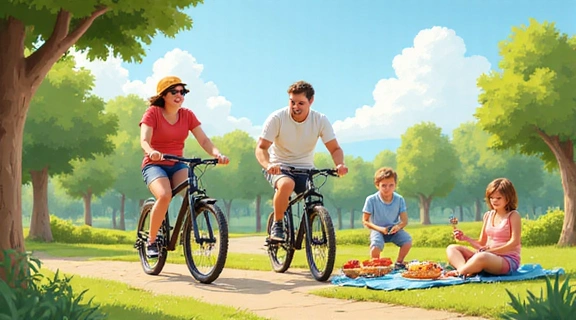 Ilustración de una familia disfrutando de actividades al aire libre con energía